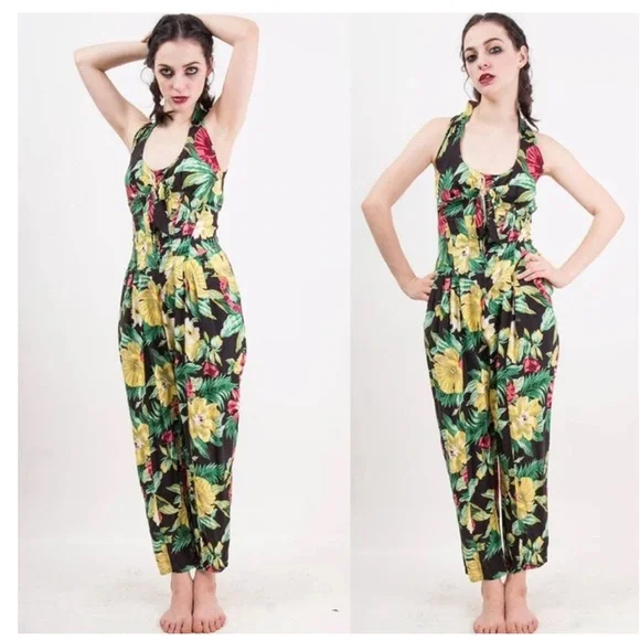 Vintage Karen Alexander Dark Floral Jumpsuit with Boned Corset bodice Sz 4